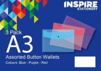 A3 Button Wallet Assorted Colours (3pk)