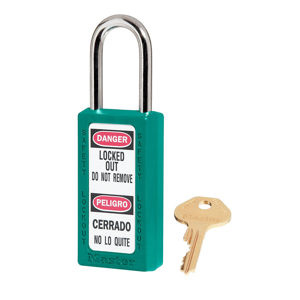 Master Lock Teal Zenex™ thermoplastic safety padlock, 38mm wide with 38mm tall shackle, keyed alike