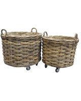 Set of 2 Round Log Basket With Wheels and Jute Liner