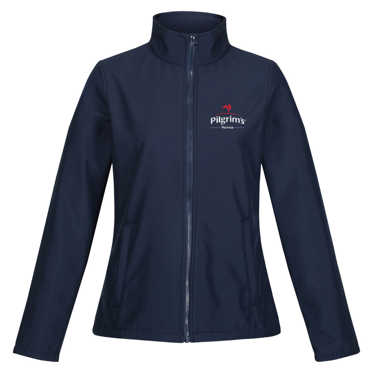 Ladies Navy Ablaze Softshell Jacket with Pilgrim's Logo