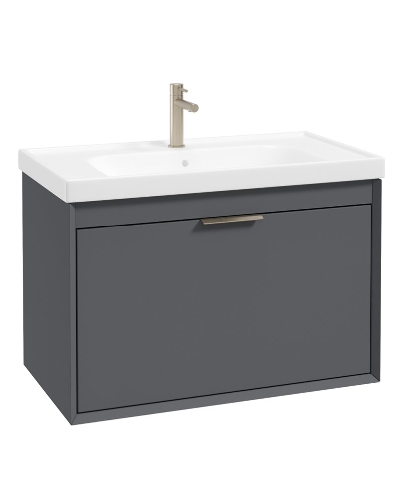 FJORD WALL HUNG 80CM TWO DRAWER VANITY UNIT MATT MIDNIGHT GREY- BRUSHED NICKEL HANDLE