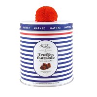 Mathez original French cocoa dusted truffles in pom pom navy tin 12x250g