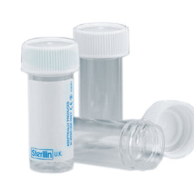 Container, 7ml, Bijou Container, Polystyrene, White Cap, No Label, Sterile