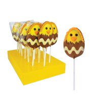 Hatching chick decorated milk choc lollies in display - 18x35g