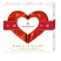 Dark choc covered marzipan hearts in gift box - 12x50g