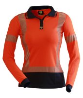 PCP1235-Caution Hi-Vis D/N Long Sleeve Segmented Tape Womens Microfibre Polo - Orange/Navy