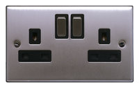 FEP Low Profile Satin Chrome 13A 2G DP Switch Socket Black Insert Chrome Switch | LV0801.0014