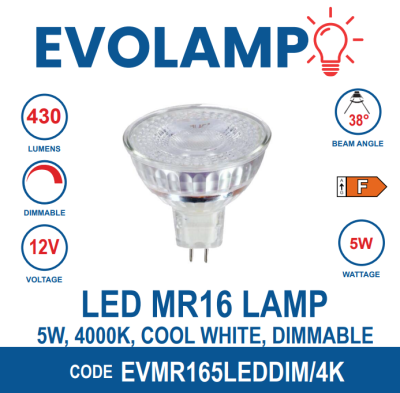 EVOLAMP 5W LED DIMMABLE MR16, 4K | EVMR165LEDDIM/4K
