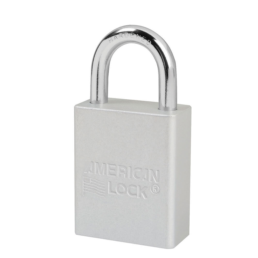 Master Lock Silver anodized aluminum safety padlock, 38mm wide with 25mm tall shackle, keyed alike