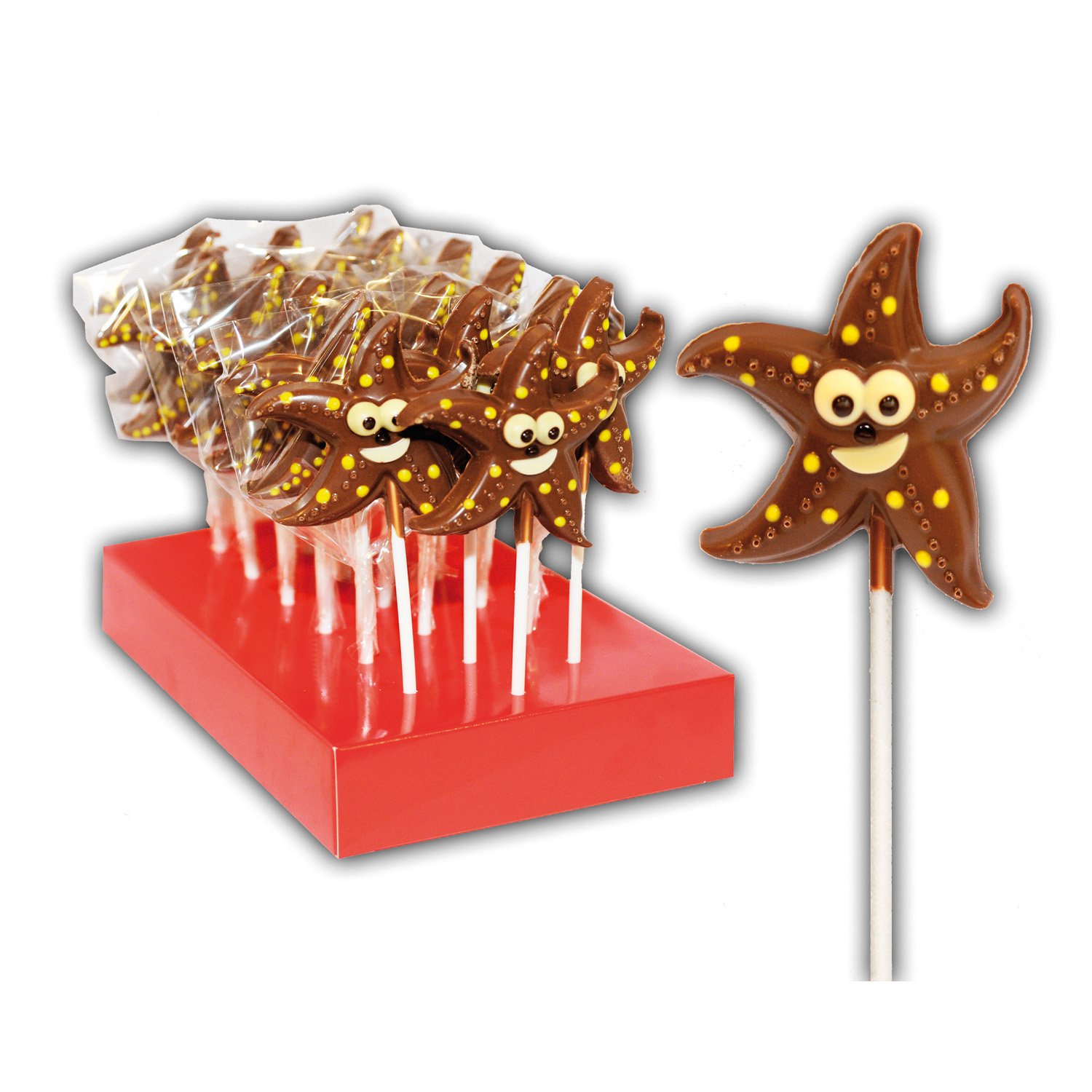 Hand decorated milk chocolate starfish lollipops in display - 18x35g