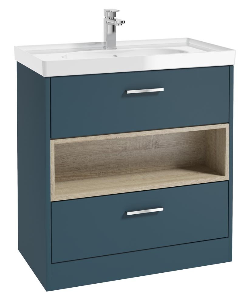 MALMO 80CM TWO DRAWER FLOOR STANDING OCEAN BLUE MATT VANITY UNIT GLOSS BASIN - BRUSHED CHROME HANDLE