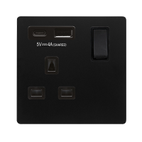 DEFINITY 'NON INGOT' 13A 1 GANG SWITCHED SAFETY SHUTTER SOCKET OUTLET WITH TYPE A & C USB (4A) OUTLETS - MATT BLACK - BLACK INSERTS