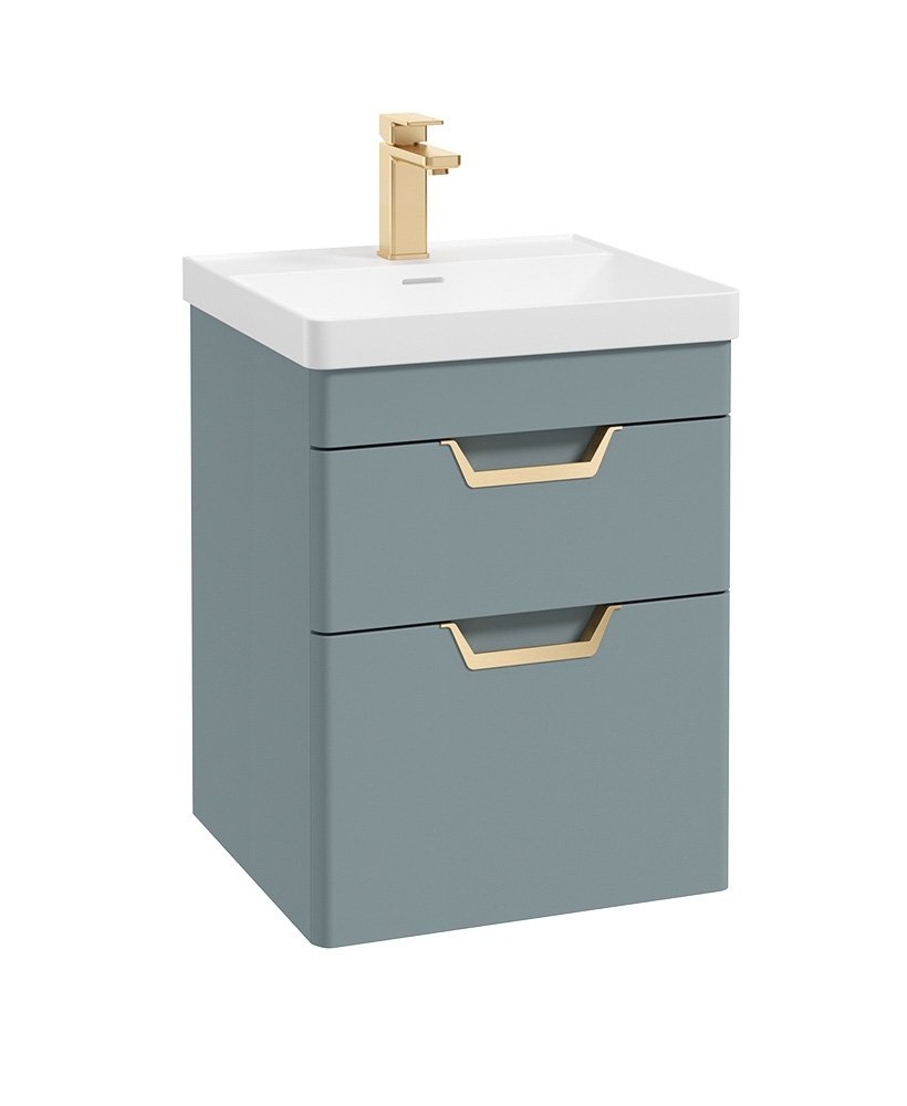 FREYA 50CM 2 DRAWER WALL HUNG VANITY UNIT MATT CORAL GREEN-BRUSHED GOLD HANDLE