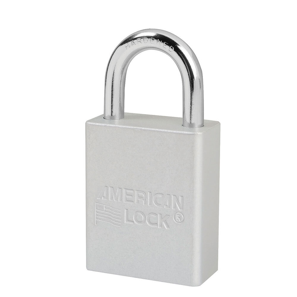 Master Lock Silver anodized aluminum safety padlock, 38mm wide with 25mm tall shackle, 6-pin cylinder