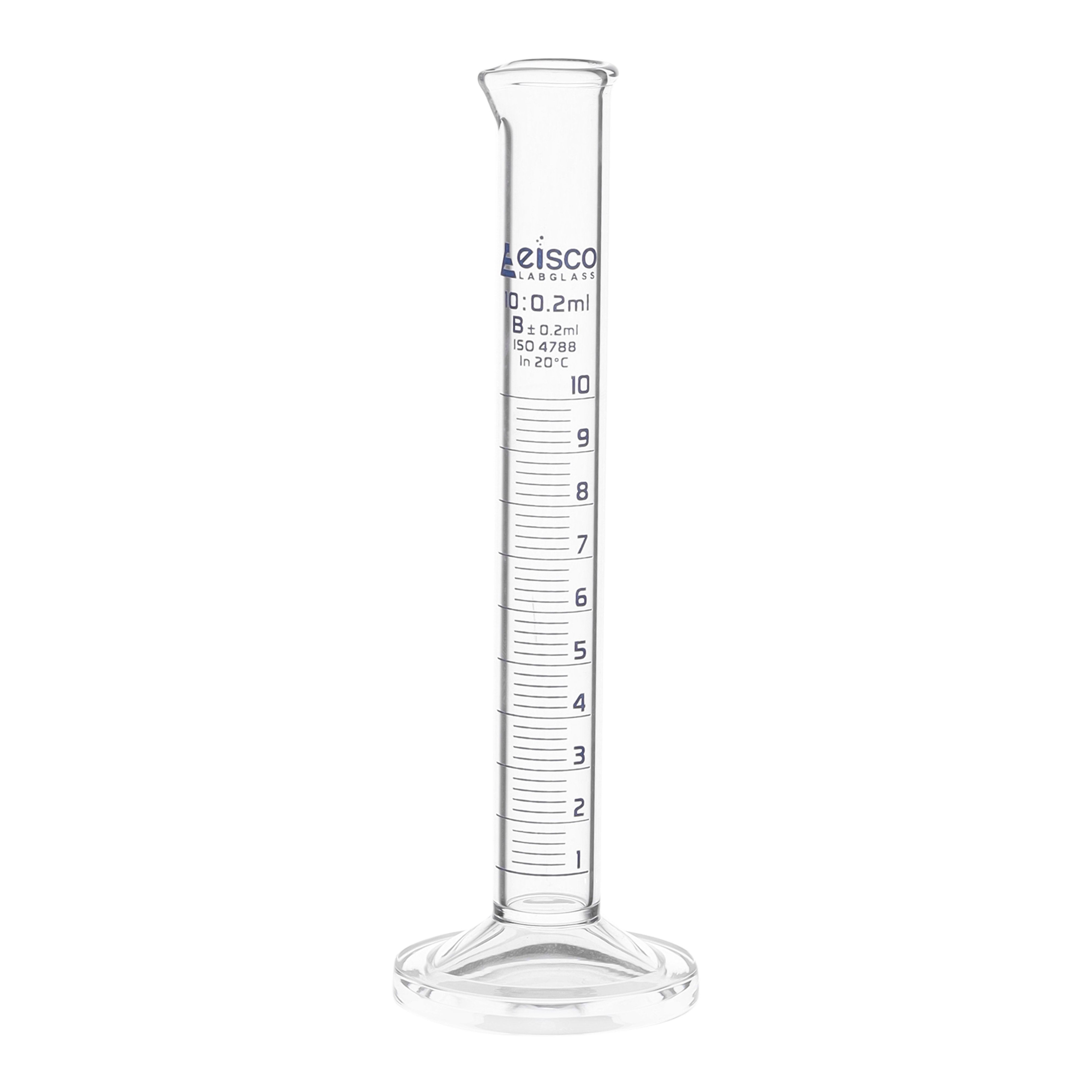 Measuring cylinder, borosilicate glass with glass foot, graduated, 10 cm3 x 0.1 cm3 graduations, with spout
