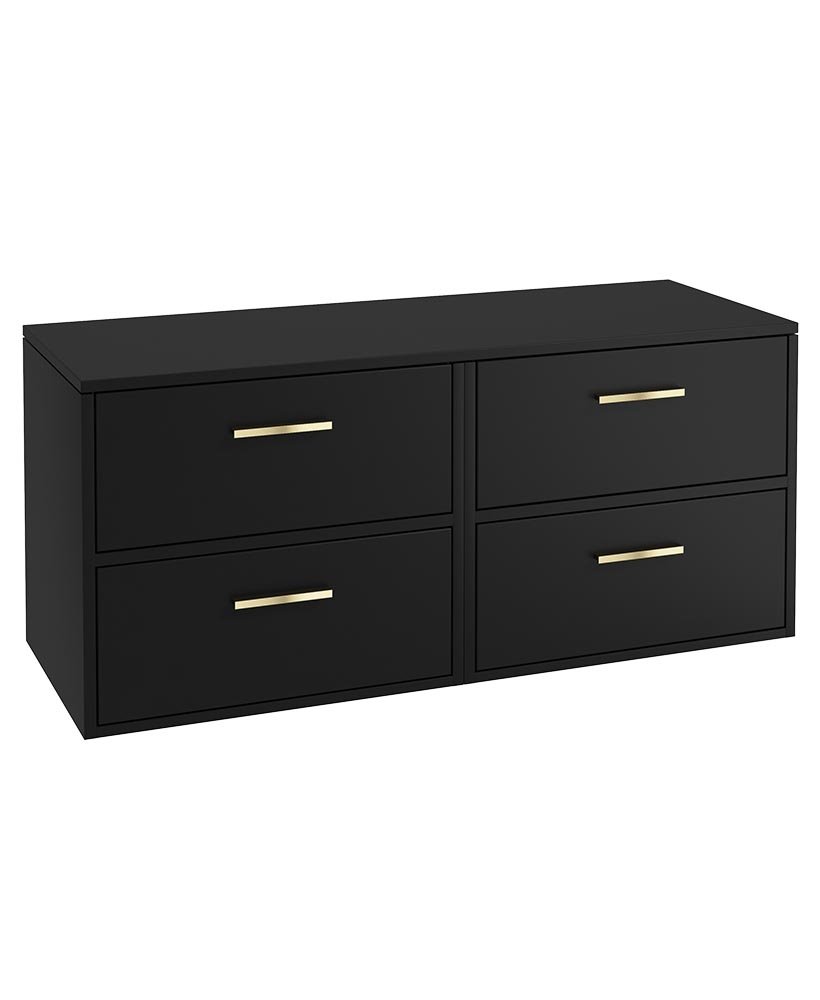 FINLAND 120CM FOUR DRAWER MATT BLACK  COUNTERTOP VANITY UNIT - BRUSHED GOLD HANDLE