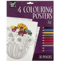 A4 Colouring Poster 4 Sheet with Pencils - Flowers