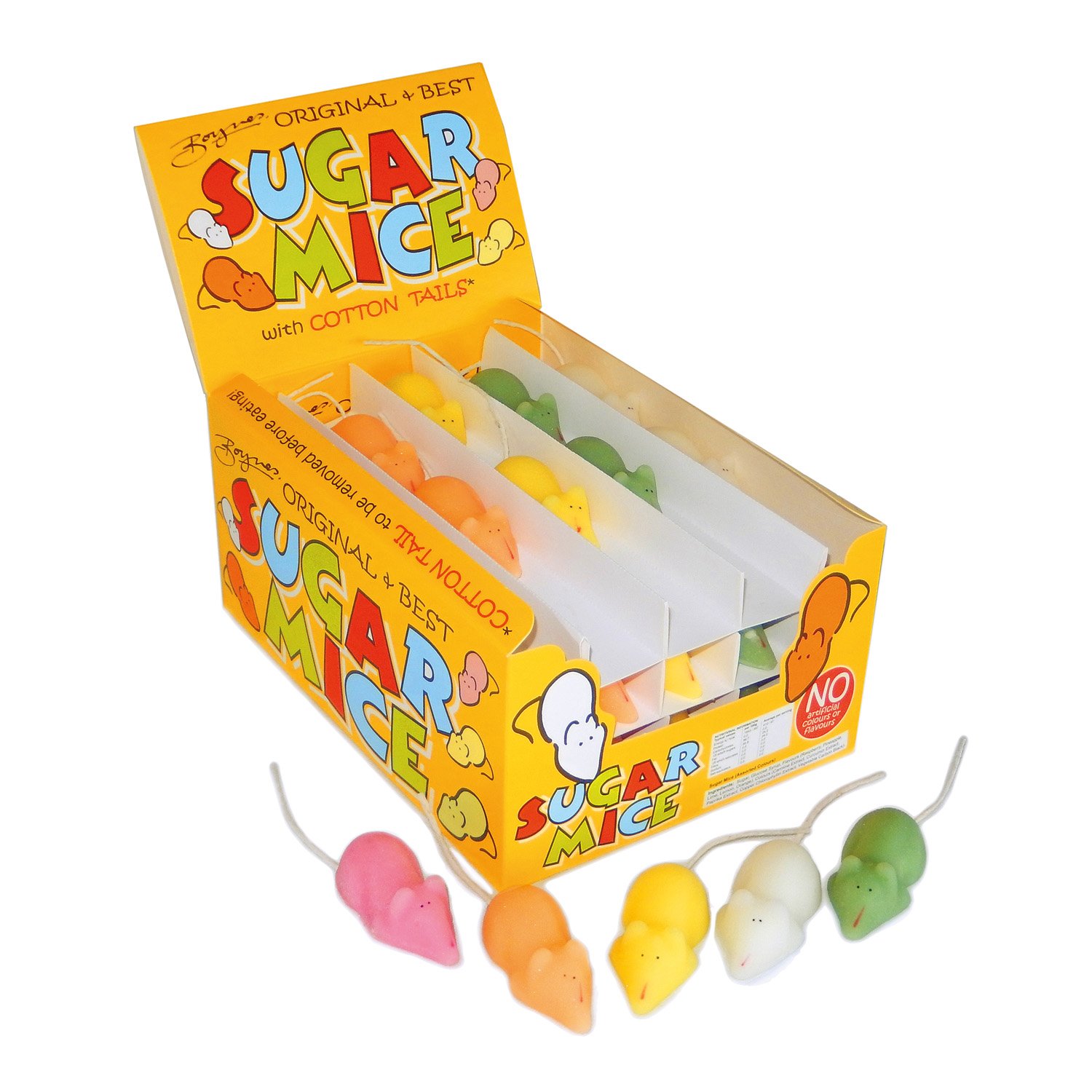 Assorted coloured sugar mice in display box - 60x20g