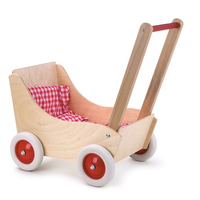 Toy wooden doll's pram with red and white gingham bedding
