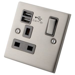 Stainless Steel 1 Gang Socket c/w USB Outlets 6033-912 - Grey Insert