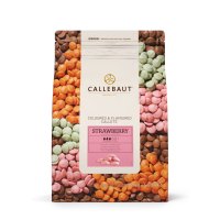 a bag of barry callebaut flavoured chocolate callets, strawberry, orange, brown, pink, green