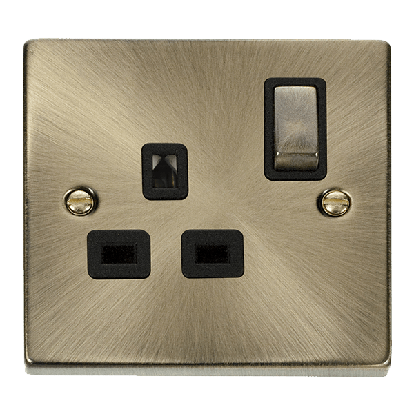 Click Deco 1G Switched Socket Antique Brass Black Insert VPAB1535BK