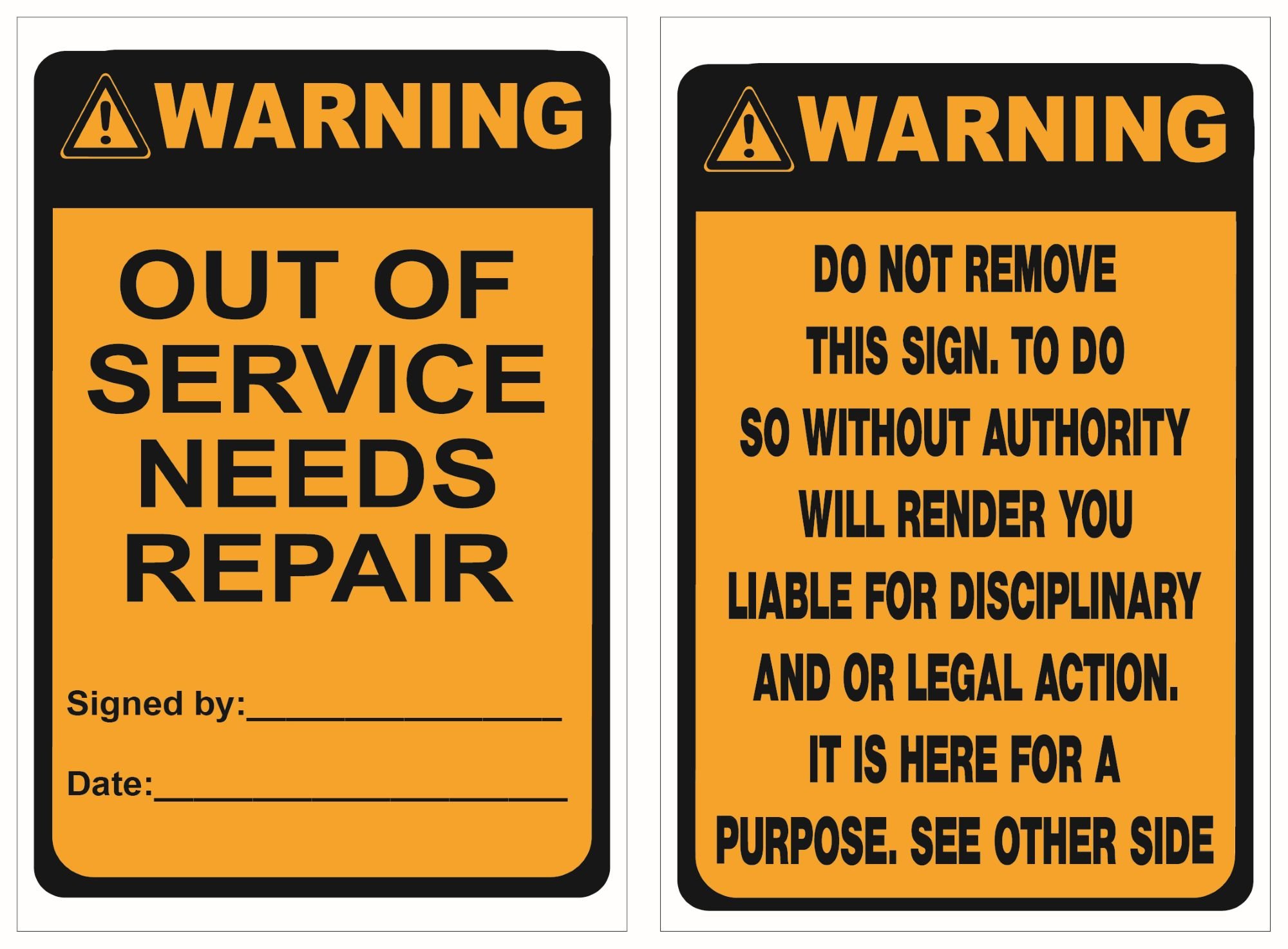 WARNING OOS Needs Repair Tag, Pack 25