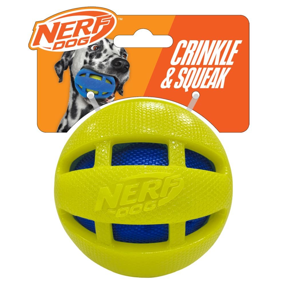 Nerf Dog TPR Checker Squeak and Crunch Ball 3.8in Blue/Green with Blue/Green Crunch Bag 1x2