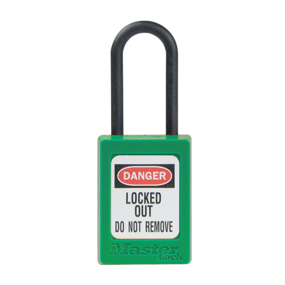 Master Lock Green dielectric Zenex™ thermoplastic safety padlock, 35mm wide with 38mm tall nylon shackle,...