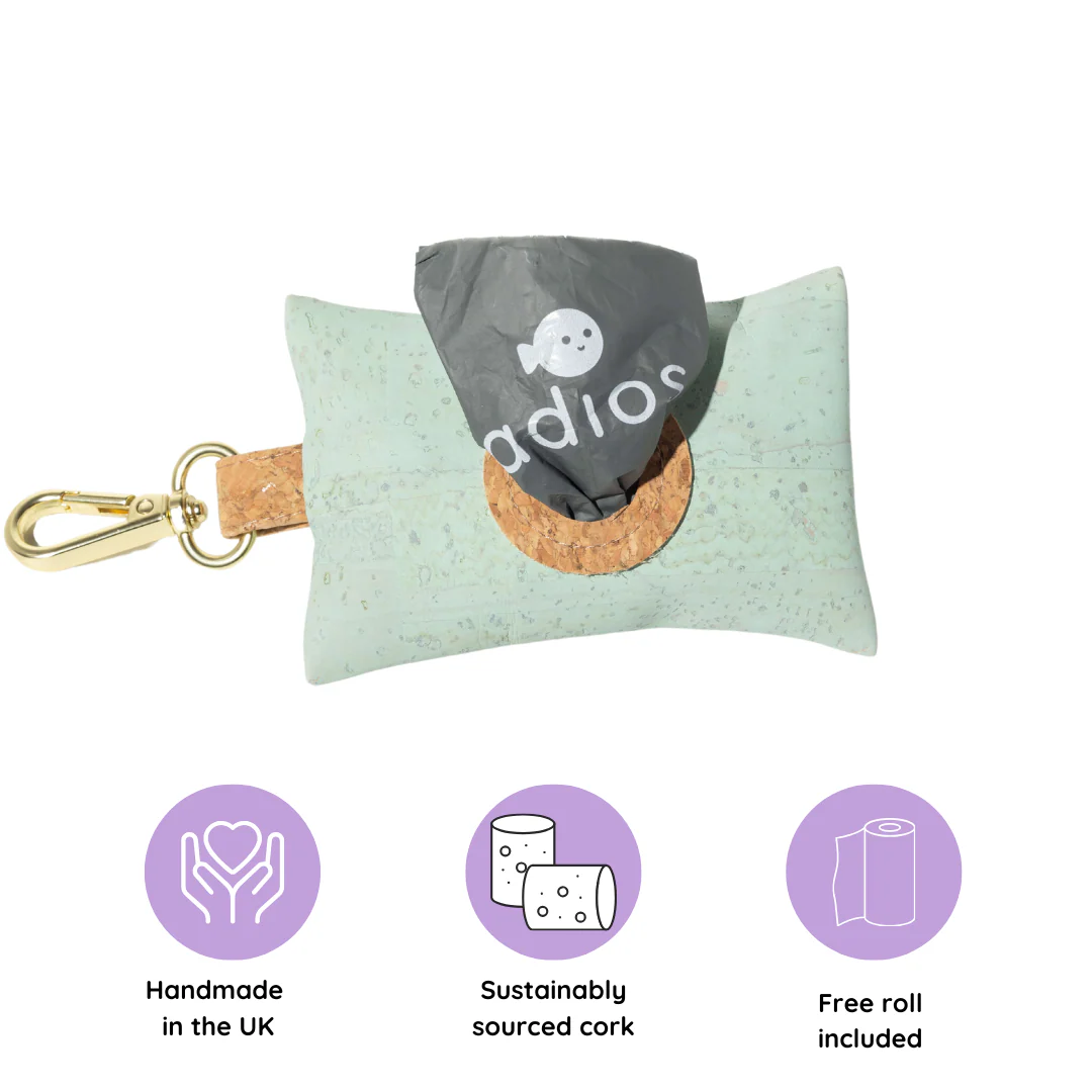 Adios Handmade Natural Cork Poop Bag Holder Mint with 15 Poop Bags