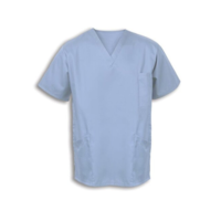 Sky blue smart scrub tunic with a classic v-neck and a total of three pockets.