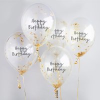 Gold 'Happy Birthday' Confetti 12" Latex Balloons - Pack of 5