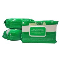 Sanisafe 6 Multi-Purpose Disinfectant detergent Wipes is a green packet of wipes with a plastic lid closure.