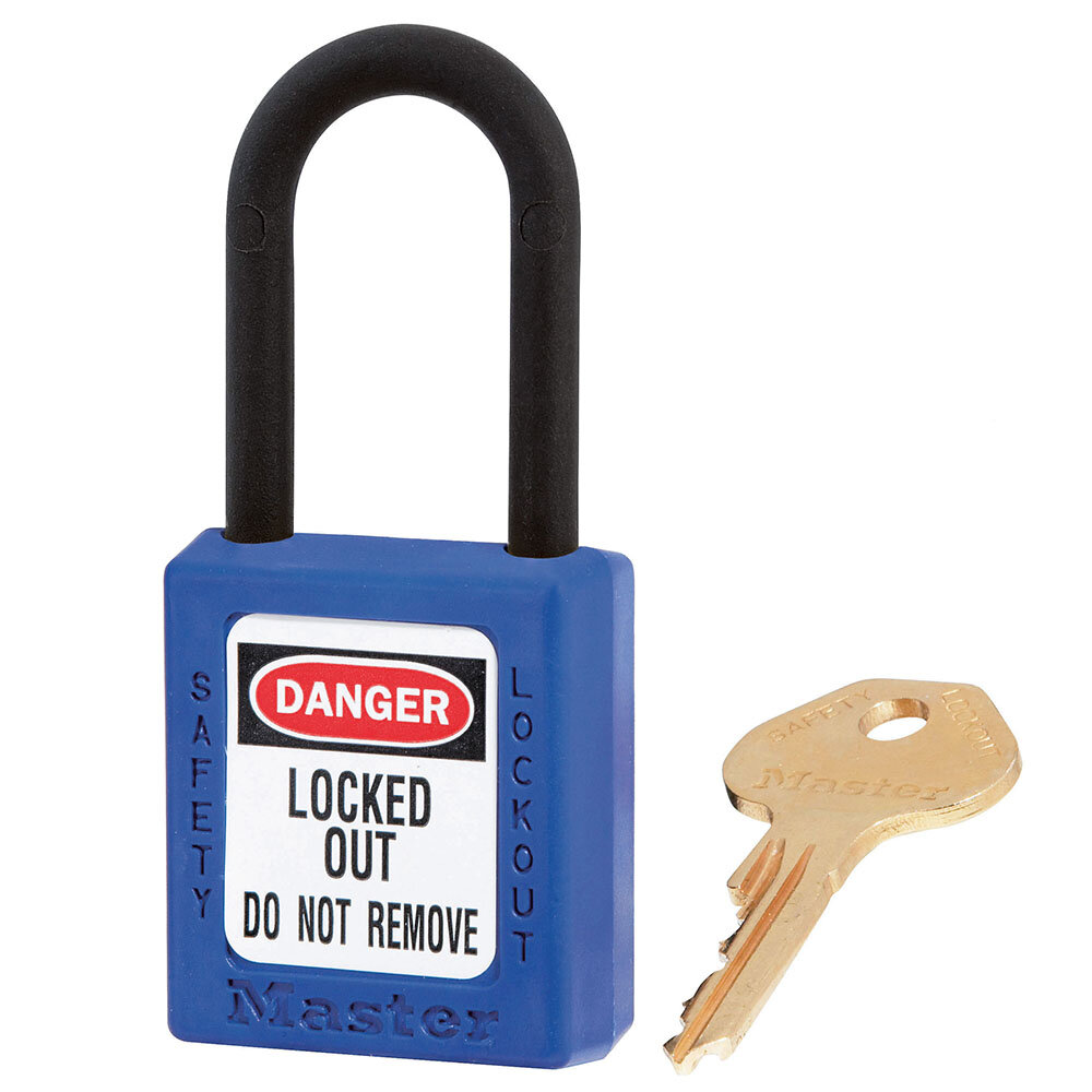 Master Lock Blue dielectric Zenex™ thermoplastic safety padlock, 38mm wide with 38mm tall nylon shackle,...