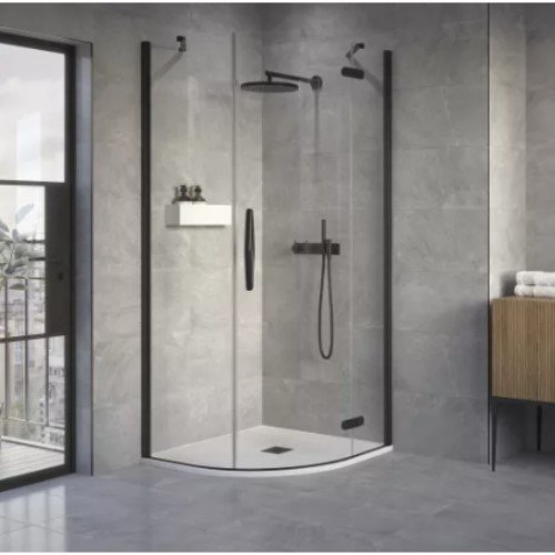 ORO HINGED QUADRANT DOOR  1000MM RIGHT HAND MATT BLACK WITH CLEAR GLASS COMPLETE