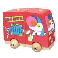 Wooden toddler stacking fire engine toy with wheels
