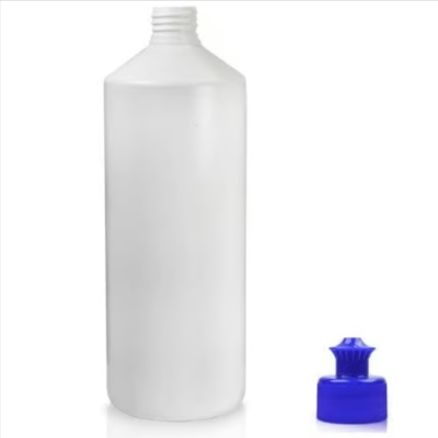 1L ROUND PLASTIC BOTTLE WHITE/PULL TOP BLUE