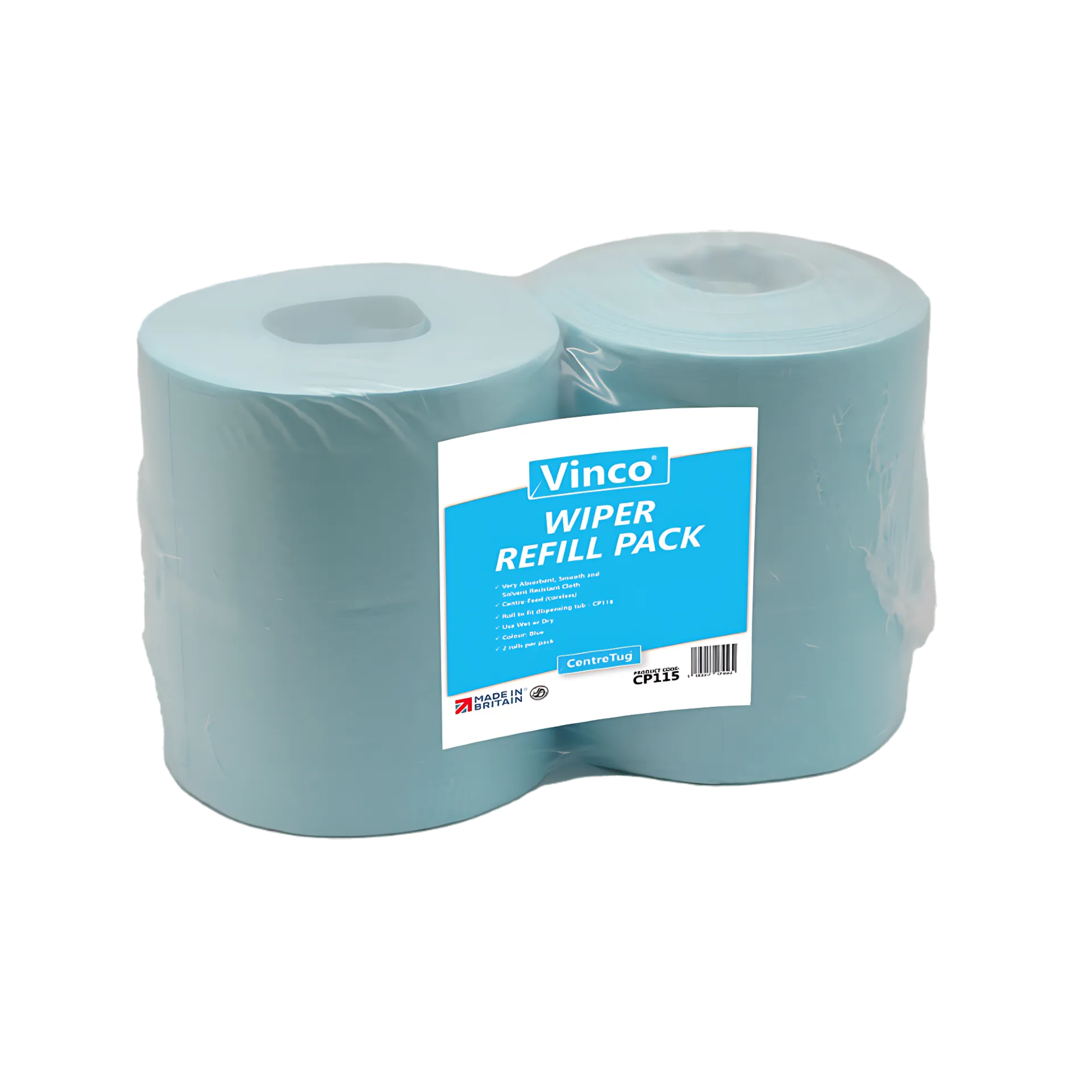 Vinco-Centretug Wiper Refill to Fit CP116 Tub, Virtually Lint Free, Blue, 2 Rolls/Pack