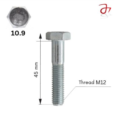 DIN 931 Hexagon Head Bolt M12x45 Steel Zinc-Plated 10.9