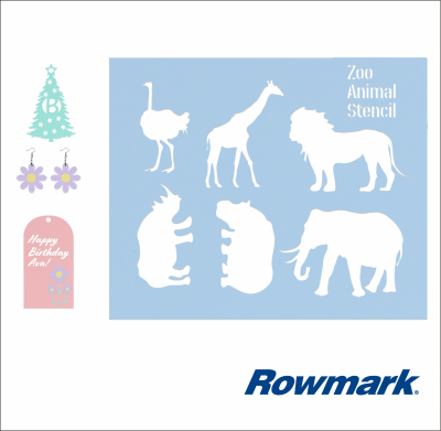 Assorted laser-cut designs made from Rowmark ADA Pastels acrylics, including zoo animal stencils, floral earrings, a birthday tag, and a Christmas tree ornament