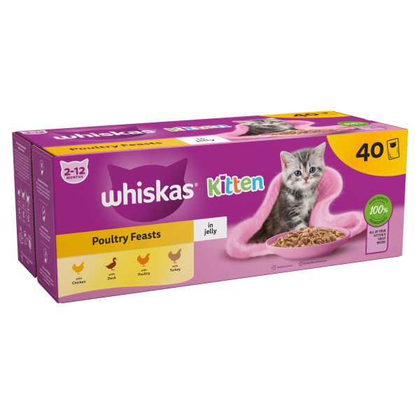 Whiskas 2-12mths Kitten Pouches Poultry Feasts in Jelly 40x85g Bulk