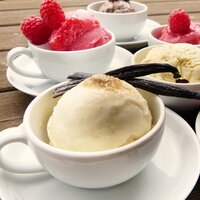 white ice cream in a cup with vanilla beans, pink ice cream in a cup with raspberry.