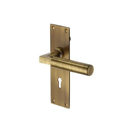 BAU7300-AT - Heritage Brass Door Handle Lever Lock Bauhaus Design Antique Brass Finish