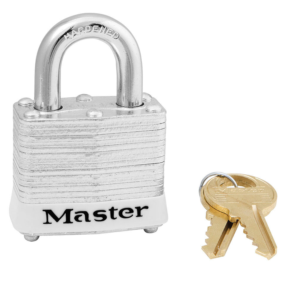 Master Lock White laminated steel safety padlock, 40mm wide with 19mm tall shackle, keyed alike