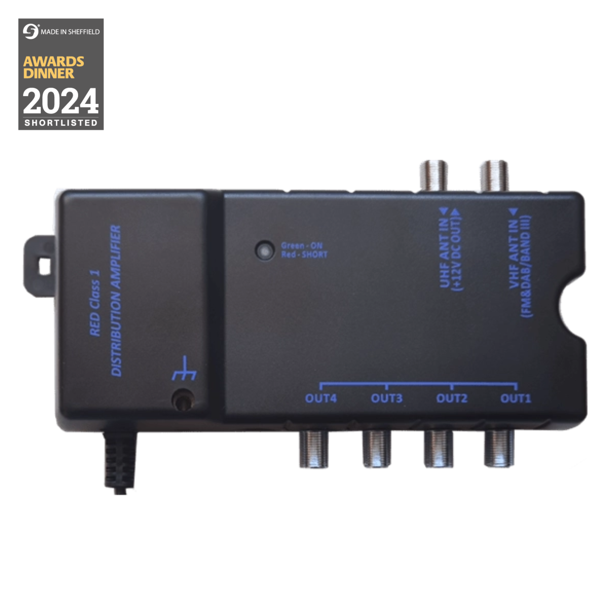 BLAAMP24C 4-way distribution amplifier with 8dB gain and low noise signal enhancement