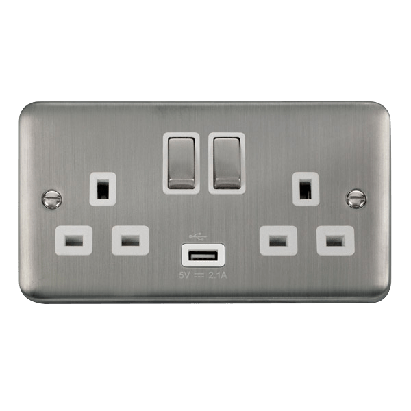 Click Deco Plus 2G DP Switched Socket C/w USB Stainless Steel White Insert DPSS570WH