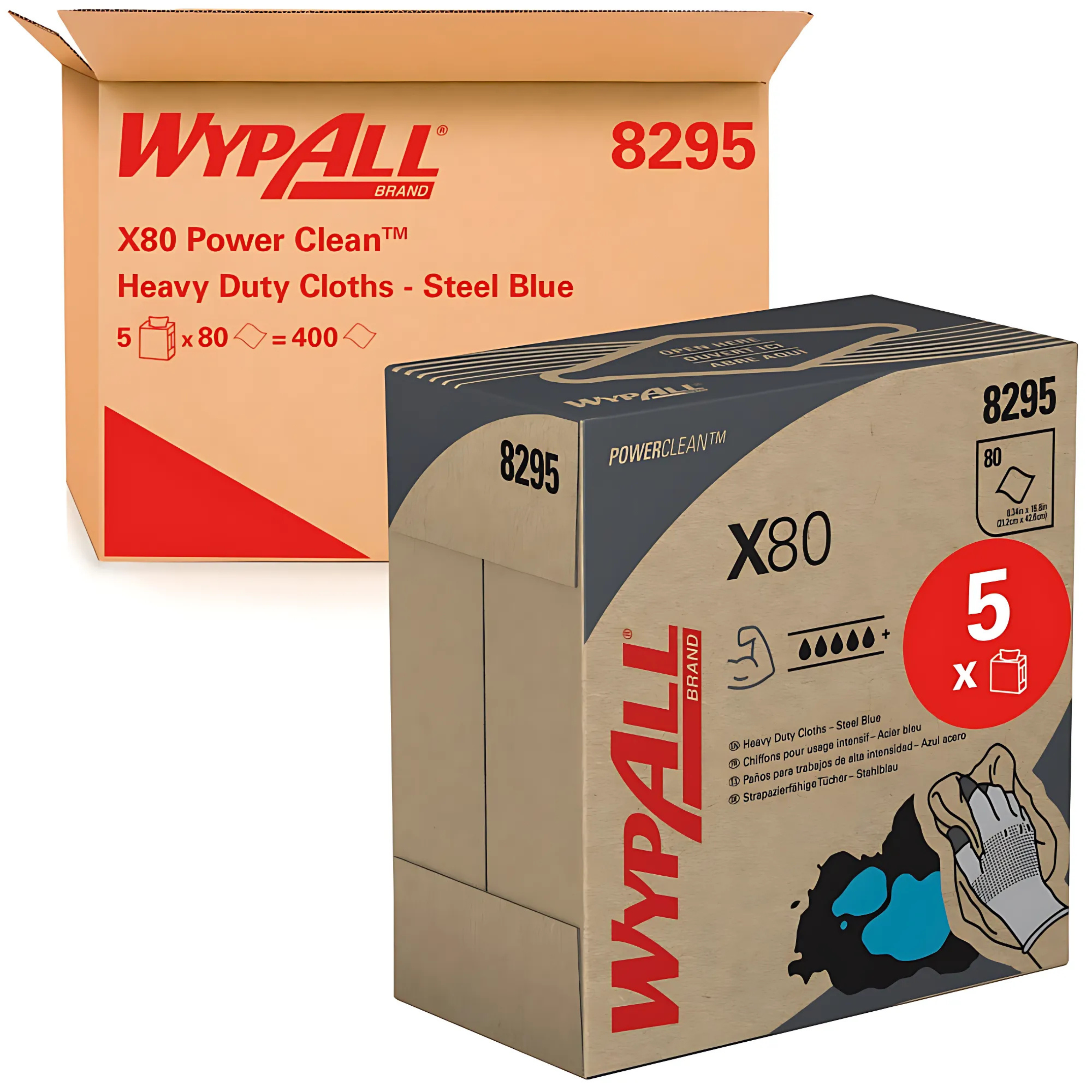 WypAll&reg; X80 Cloths 8295, 5 Pop-Up Boxes x 80 blue, 1 Ply Cloths, Case