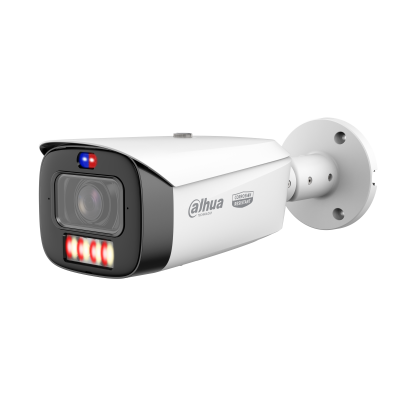IPC-HFW3849T1-P-ZAS-PV-PRO-ATC 8MP TiOC PRO bullet camera front view showing lens, IR and warning light system, and anti-corrosion housing