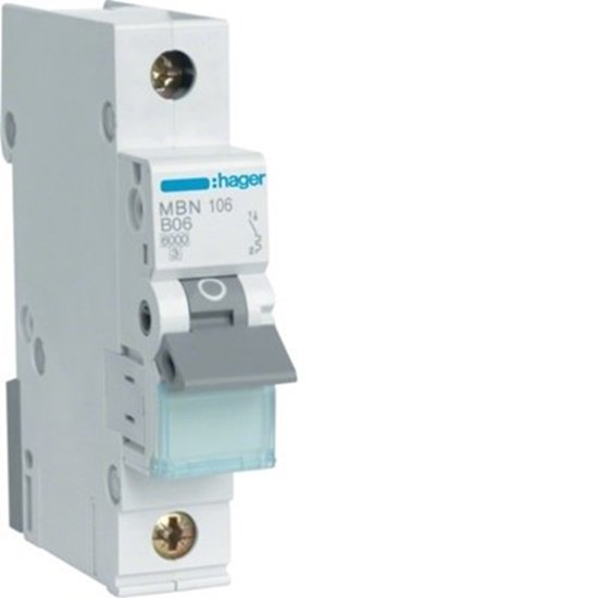 Hager 6A S/P B Curve 6kA MCB MBN106W