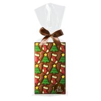 Decorated milk choc bar with tree and stocking design in cello bag 8x150g